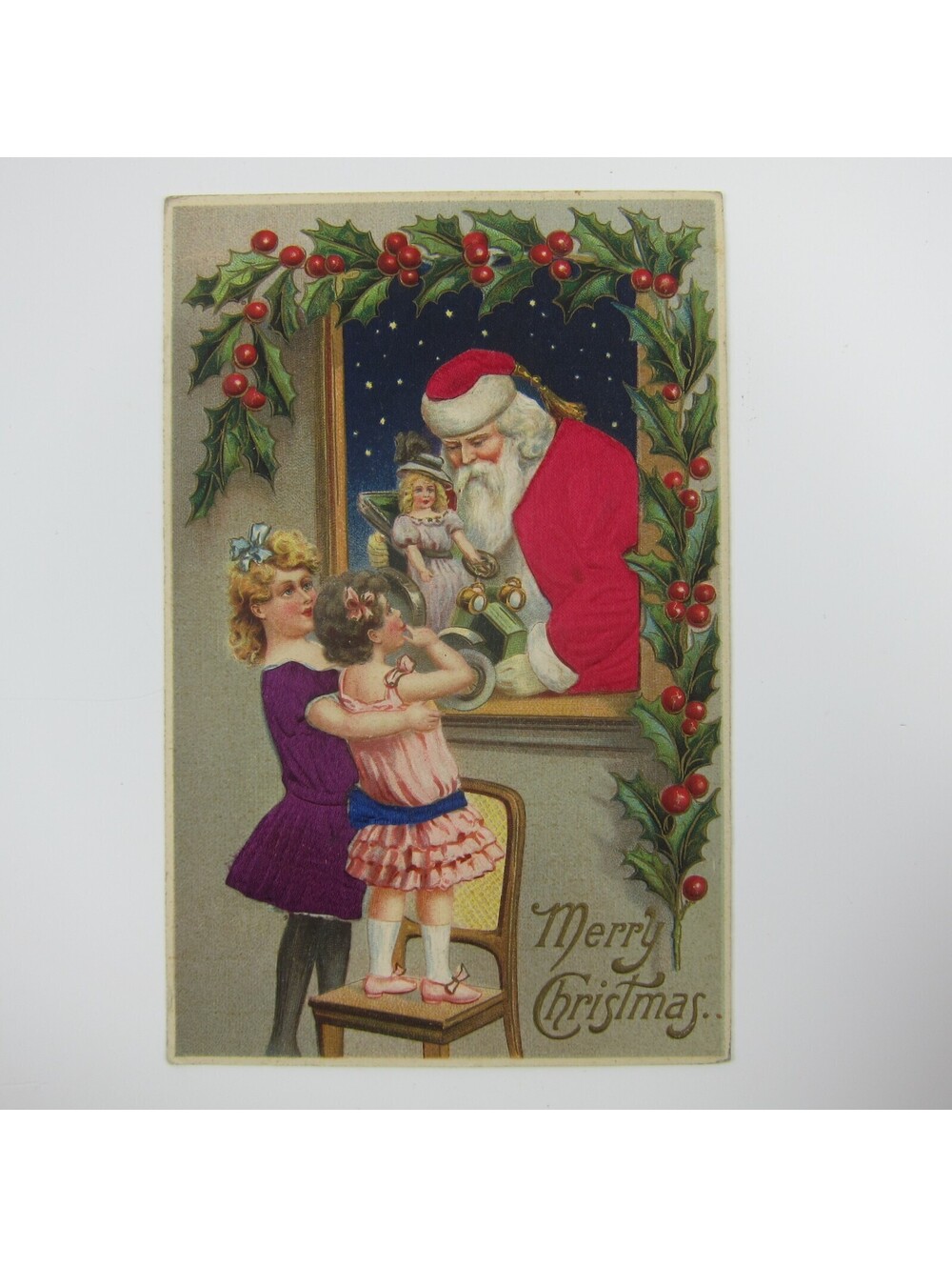 Christmas Postcard Santa Red Silk Suit Victorian Girl Purple Silk Dress Antique